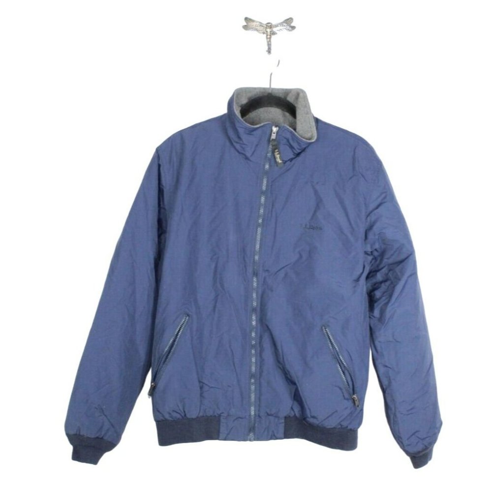 LL Bean Blue Nylon Zip Up High Neck Fleece Lined Insulated Jacket Size M